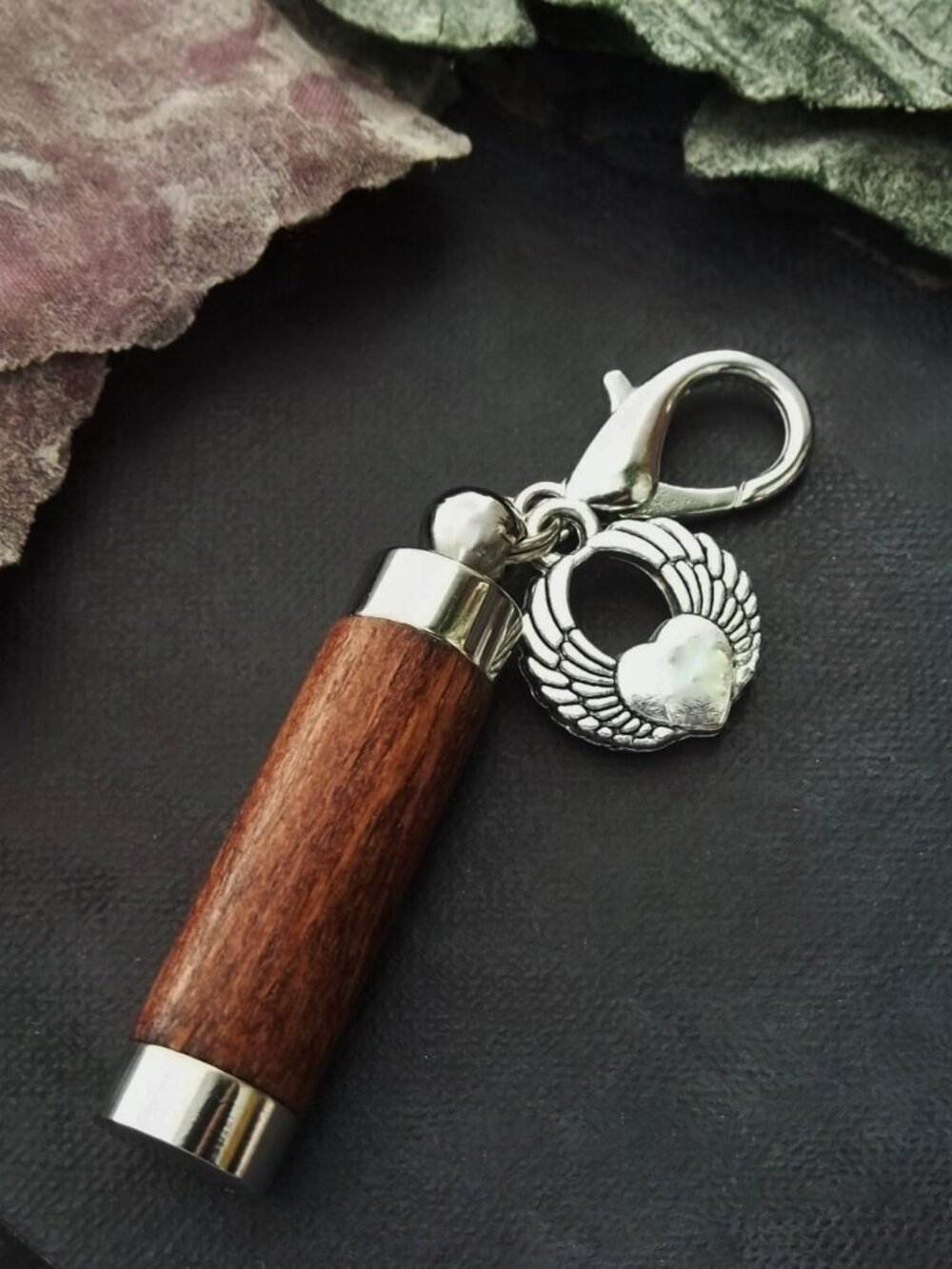 BROWN WOOD Keychain Stainless Steel Cylinder Capsule Angel Wings Heart Charm Bag
